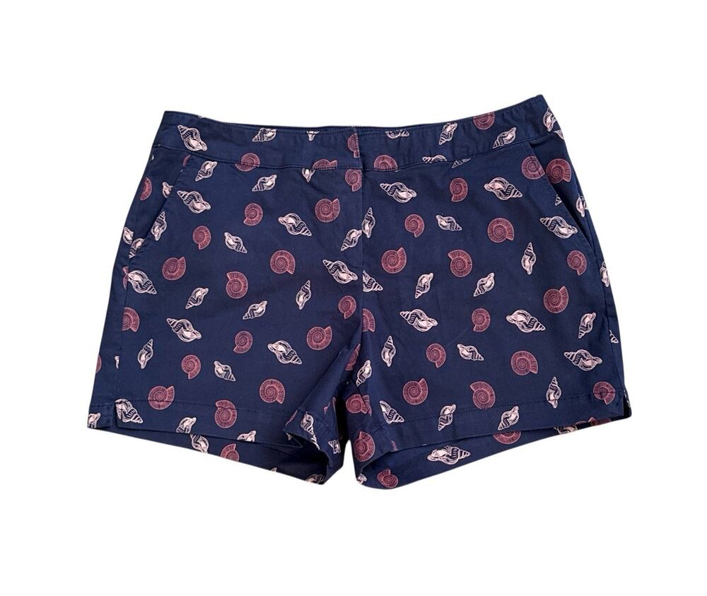 Recreation Shorts Womens Petite 16P Navy Blue Seashell Nautical Print Flat Front